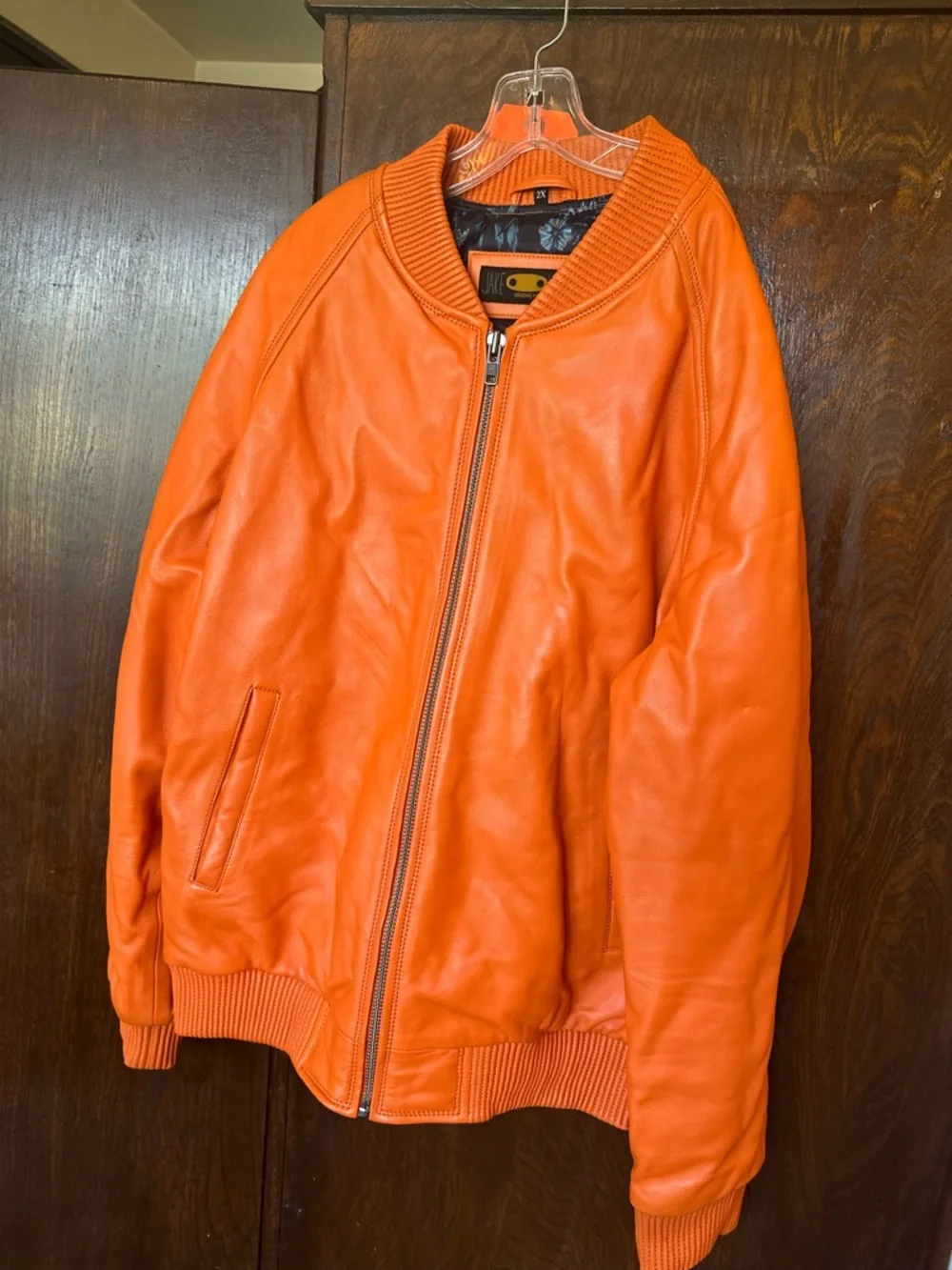 Jake Wood Men's Orange Lambskin Leather Zip-Up Bomber Varsity Jacket Size 2X - Picture 4 of 14